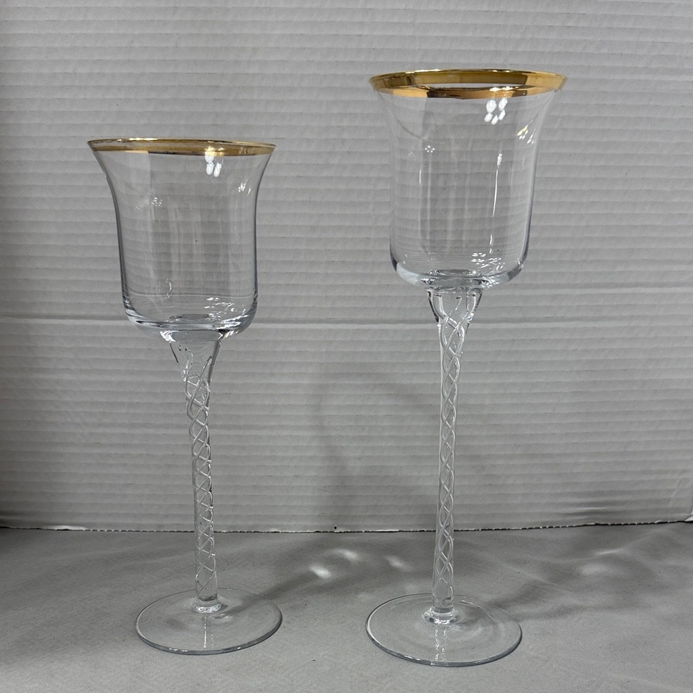 Vintage Crystal Clear Votive Candleholders Gold Rim Twisted Swirl Stem Set of 2